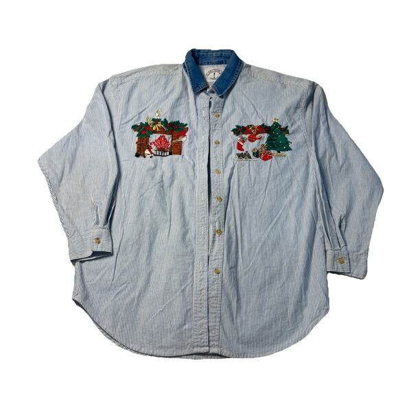 Solutions Original Christmas Embroidered Shirt Womens Medium Blue Stripe 90s - Picture 1 of 9